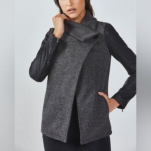 Fabletics NWT Milano Charcoal Gray Fleece with Black Faux Leather Sleeves Coat